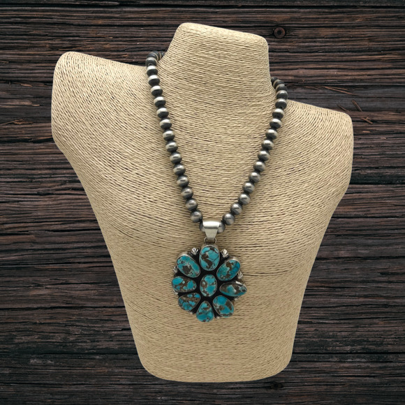 BOBBY JOHNSON Navajo Sterling & Dark Lone Mountain Turquoise Cluster Pendant - Picture 3 of 3